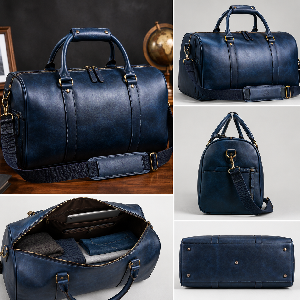 Premium Navy Leather Duffle Bag – Luxury Travel Weekender with Adjustable Shoulder Strap (Copy)
