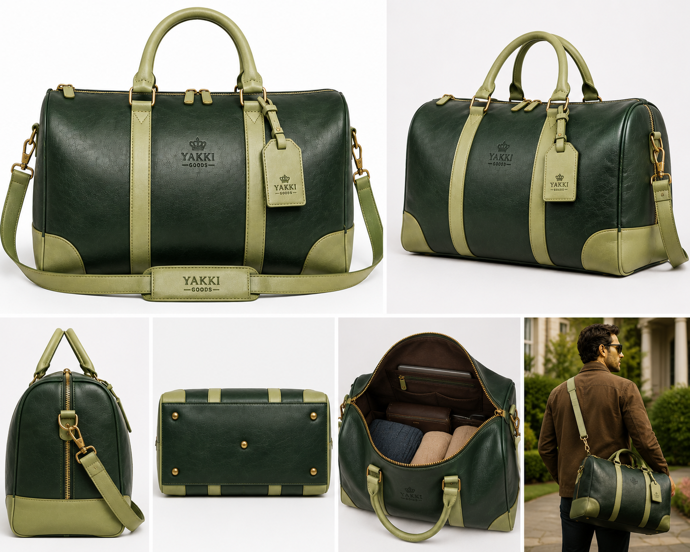 YAKKI GOODS™ Forest Green Full-Grain Leather Duffle Bag with Sage Green Accents | Luxury Weekender Travel Bag | Premium Carry-On Overnight Bag
